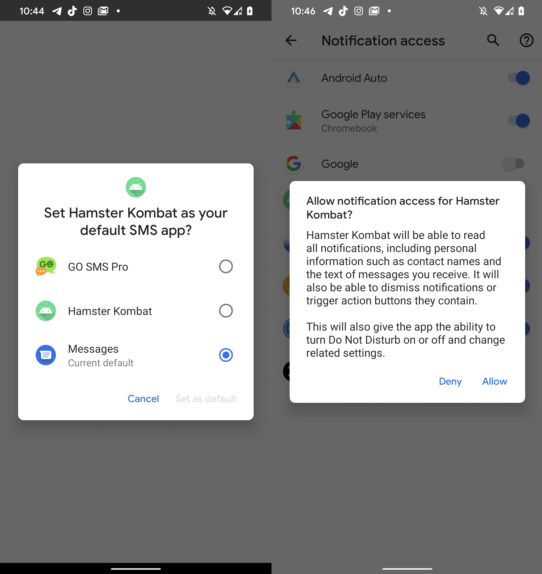 Запросы доступа поддельных игр Hamster Kombat к функциям смартфона