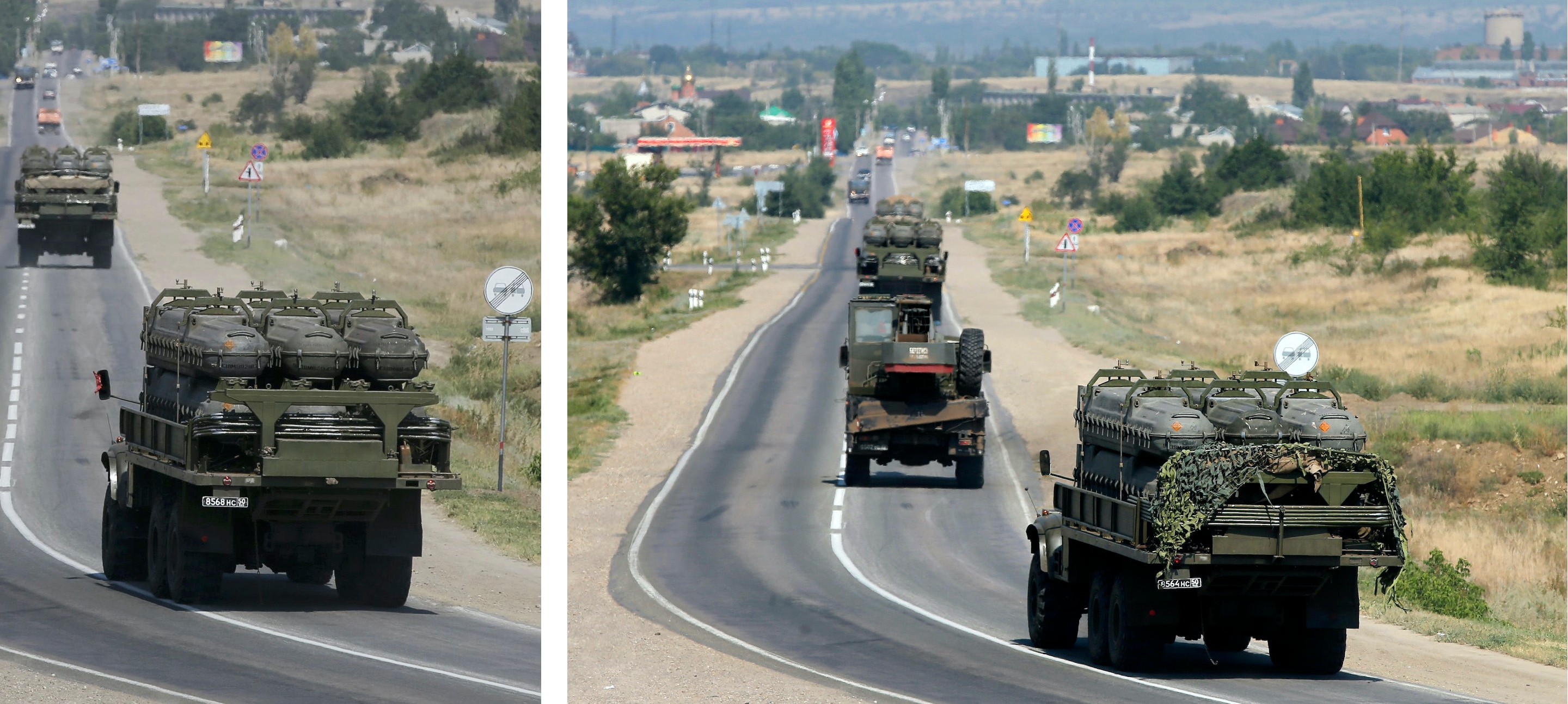 Фотографии автоколонны с зенитными ракетами в 20 км от украинской границы (и движущейся в ее направлении), опубликованные Reuters 16 августа 2014 г. (видны три грузовика КрАЗ-255Б с ракетными контейнерами и автокран на шасси Урал-432033). Интересный штрих: на этот раз ракетные контейнеры (по 6 на каждом грузовике) перевозятся открыто, но наготове виден не только защитный брезент, но и маскировочная сеть, используемая при нахождении в районах, где возможен визуальный контакт с противником, т.е. либо в непосредственной близости к границе, либо, как в случае с СОУ «Бук-М1–2» No 3’2, в зоне АТО.
