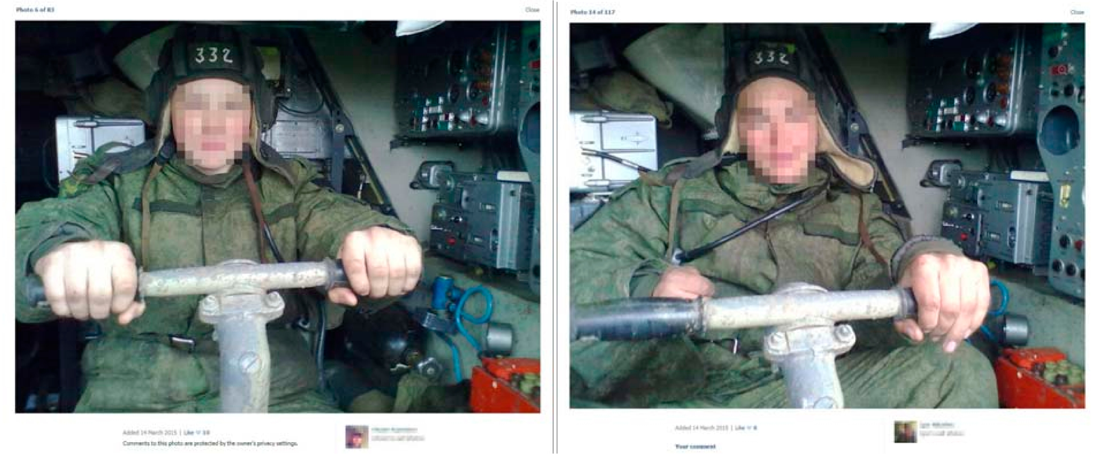 Две фотографии в аккаунтах разных солдат, сидящих на водительском месте самоходной огневой установки «Бук» в шлемофоне с номером «332»: обе фотографии загружены 14 марта 2015 г.