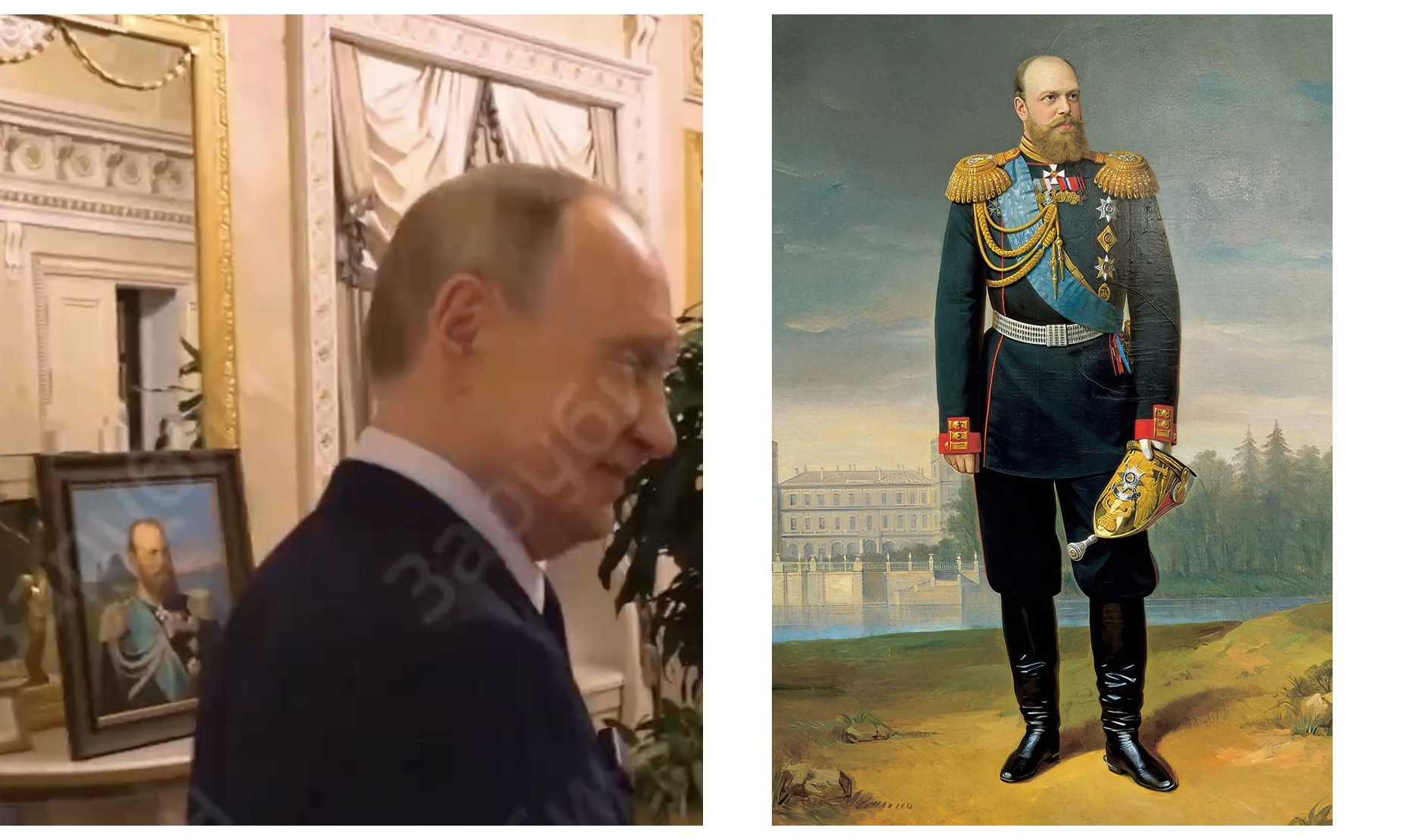 Портрет Александра III в квартире Путина (слева) и портрет царя кисти Ивана Тюрина (1890)