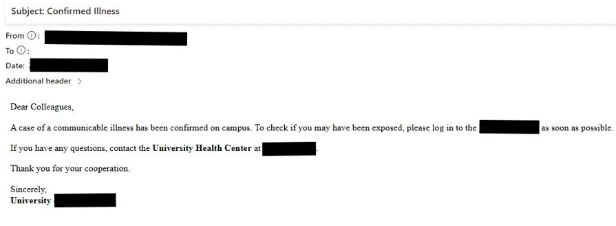 Пример одного из фишинговых писем, адресованных пострадавшим, с информацией о якобы вспышке инфекционного заболевания в кампусе