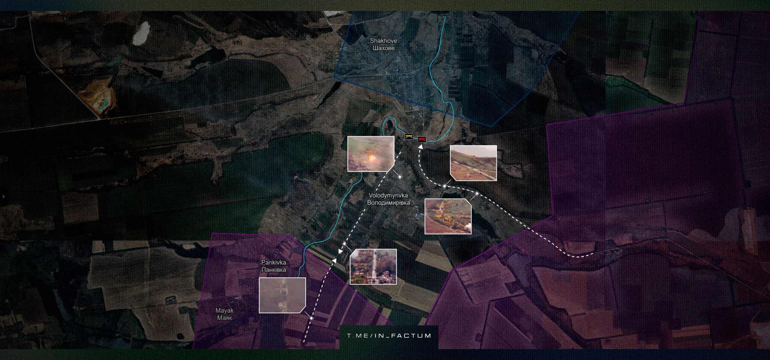 Геолоцированные маршруты российских механизированных атак в сторону Владимировки под Добропольем