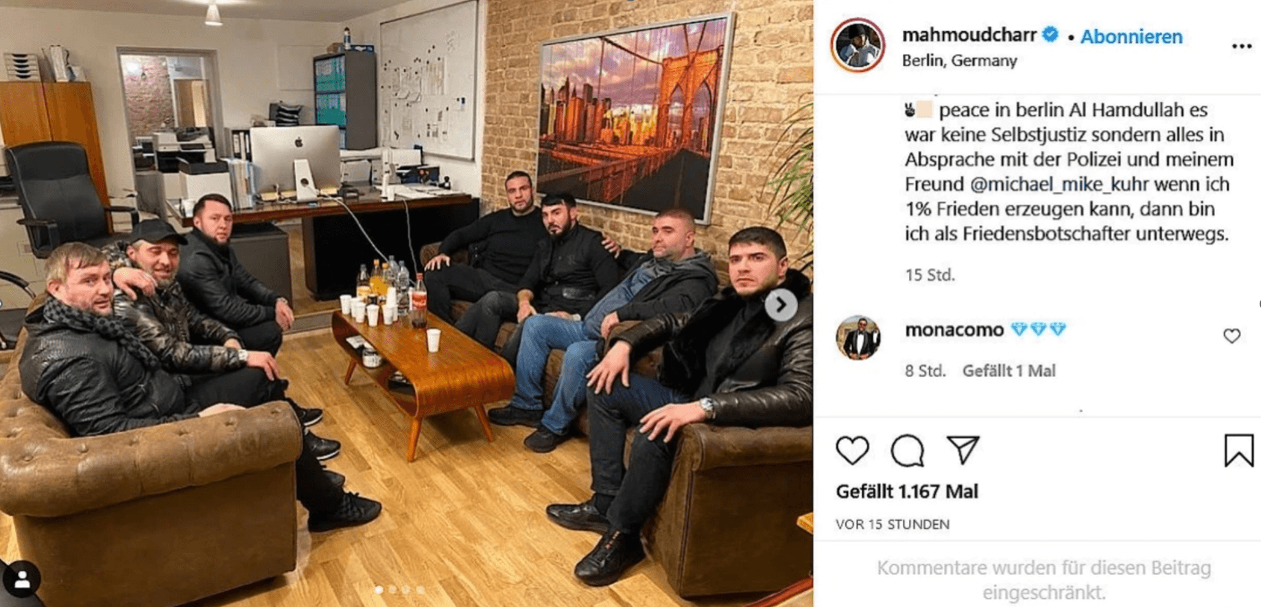 Дугазаев и Чарр (в центре фото в обнимку) во время примирения арабской и чеченской группировок в Германии