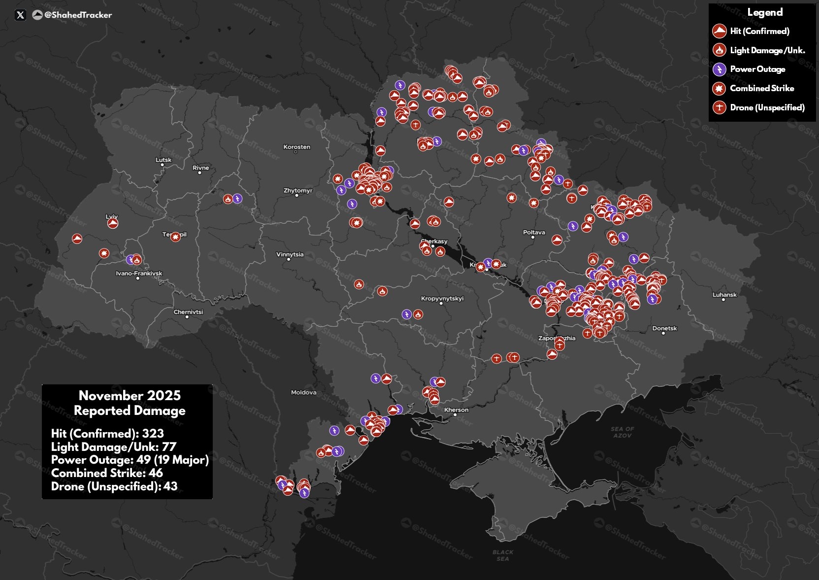 Карта поражений «Шахедами» целей на территории Украины в ноябре 2025 года