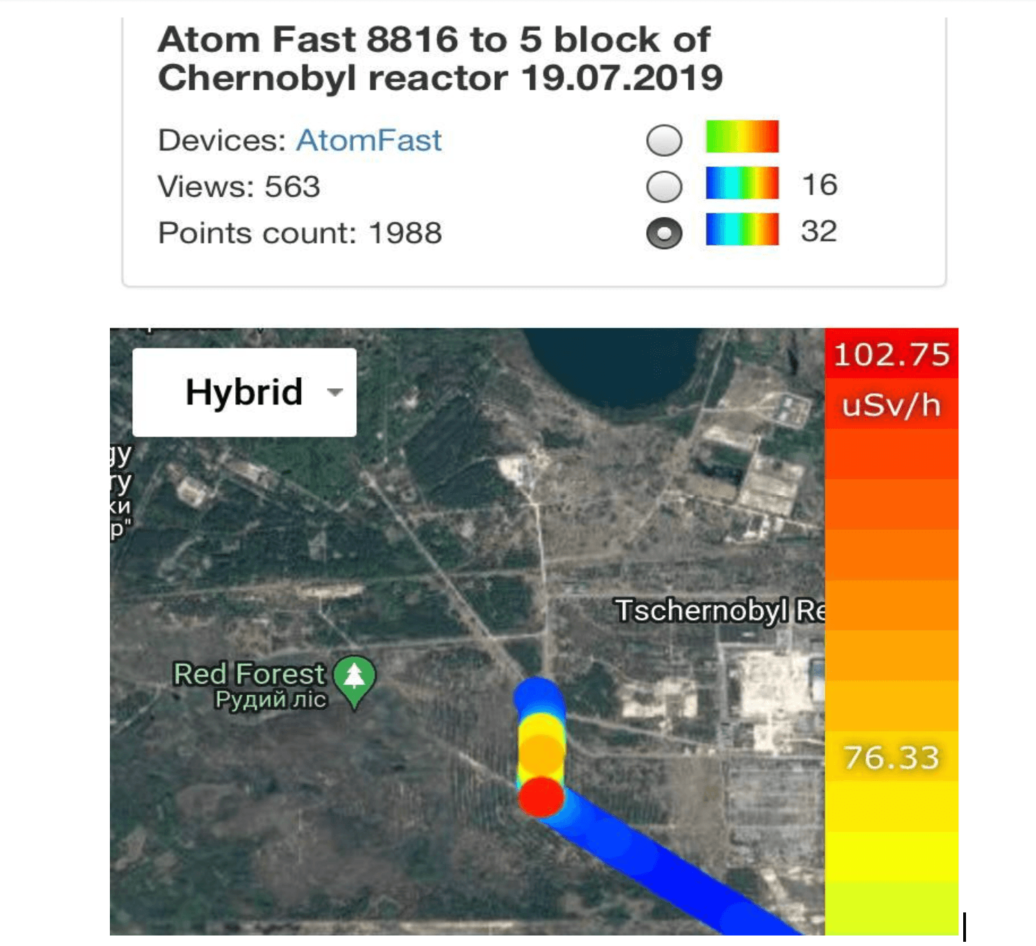 Мощность дозы гамма-излучения в районе Рыжего леса. Максимальный уровень на фото 102 мкЗв/ч при норме не более 0,2 мкЗв/ч. 2019 год. Тепловая карта сделана с помощью сцинтилляционного дозиметра Atom Fast 8816