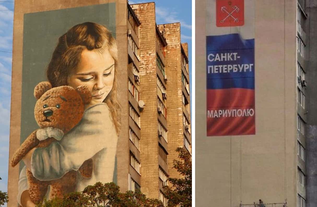 В Мариуполе мурал с девочкой, потерявшей мать и лишившейся ноги, заменили на триколор