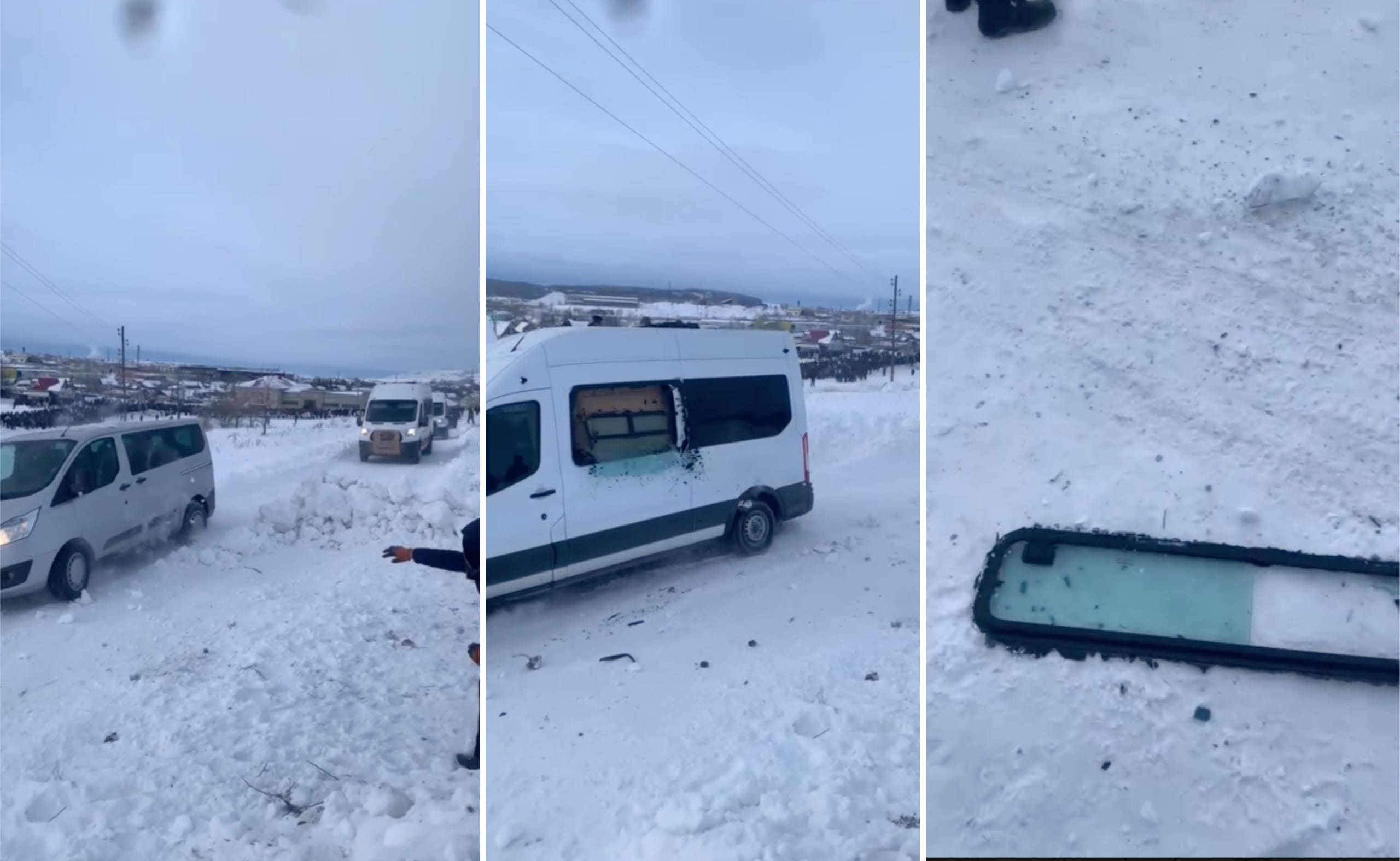 Машины силовиков, уезжающих с митинга в Баймаке, закидали камнями, слышны выстрелы. Видео опубликовали активисты «Куштау Байрам»