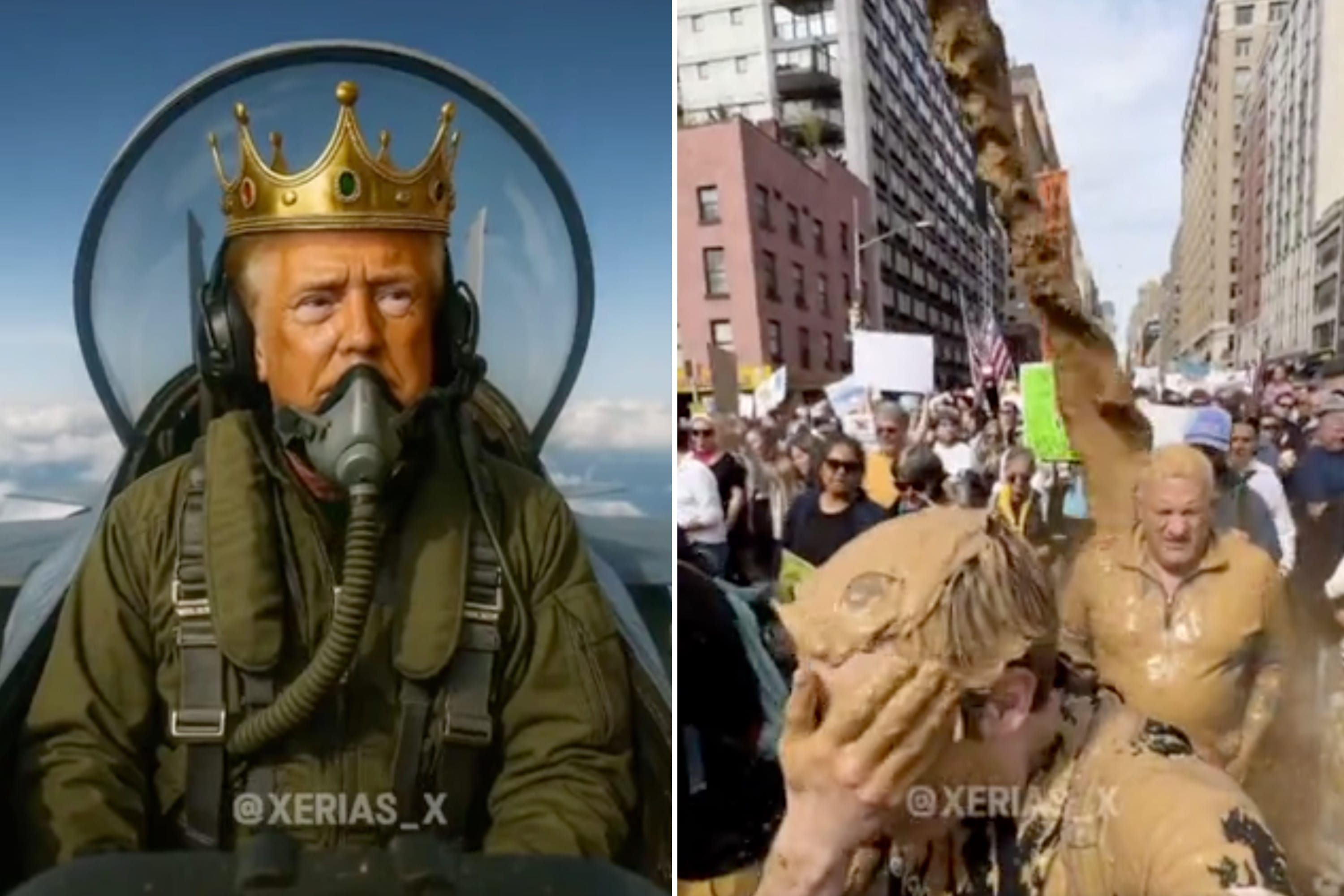 Трамп опубликовал ИИ-ролик, в котором он садится в истребитель с надписью «Король Трамп» и сбрасывает фекалии на протестующих американцев