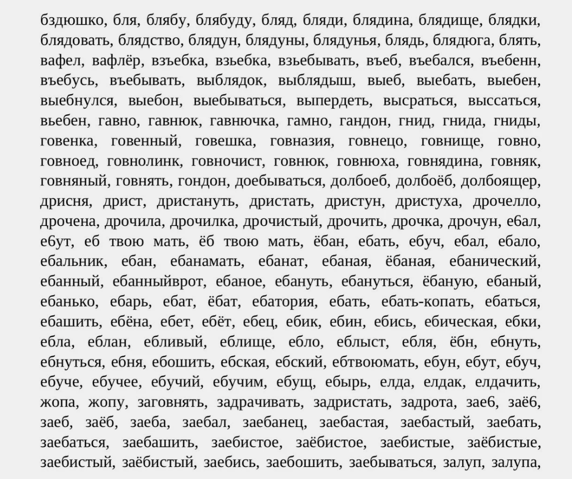 Скриншот из документа «Ключевые слова-оскорбления» от 14 сентября 2022 года / "Медиазона"