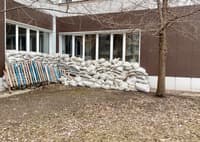 Sandbags outside the school hosting the polling station