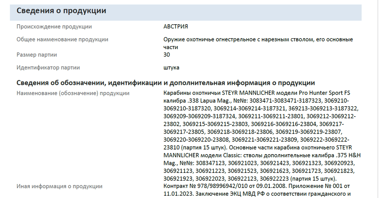 Серийные номера 15 винтовок и 15 дополнительных стволов Steyr Mannlicher, оформленных ООО «Арсенал» 13 марта 2023 года