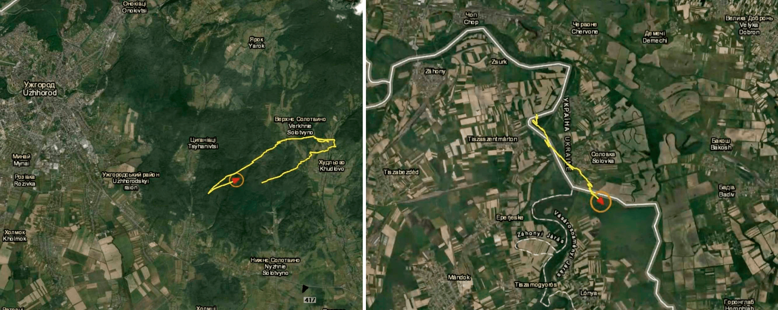 Схема полета двух беспилотников у границы Украины и Венгрии