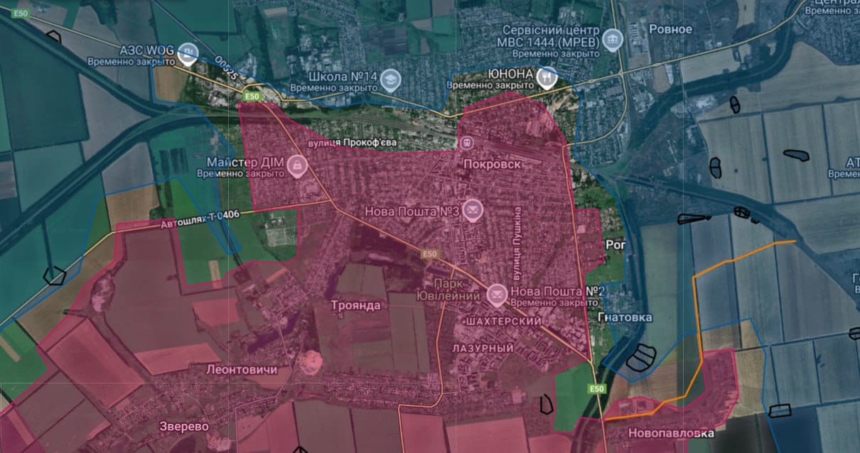Российский контроль территории Покровска по версии Telegram-канала «КАРТОГРАФ ✙ ЗСУ»