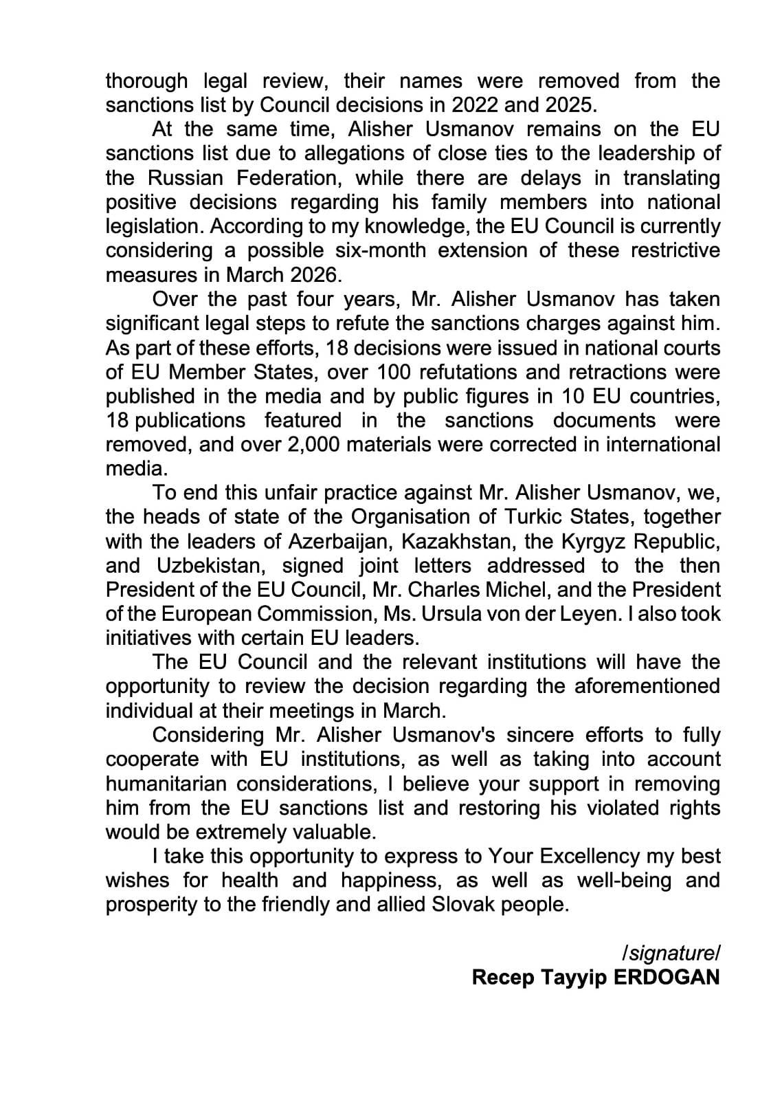 Erdogan’s letter to Slovak Prime Minister Robert Fico