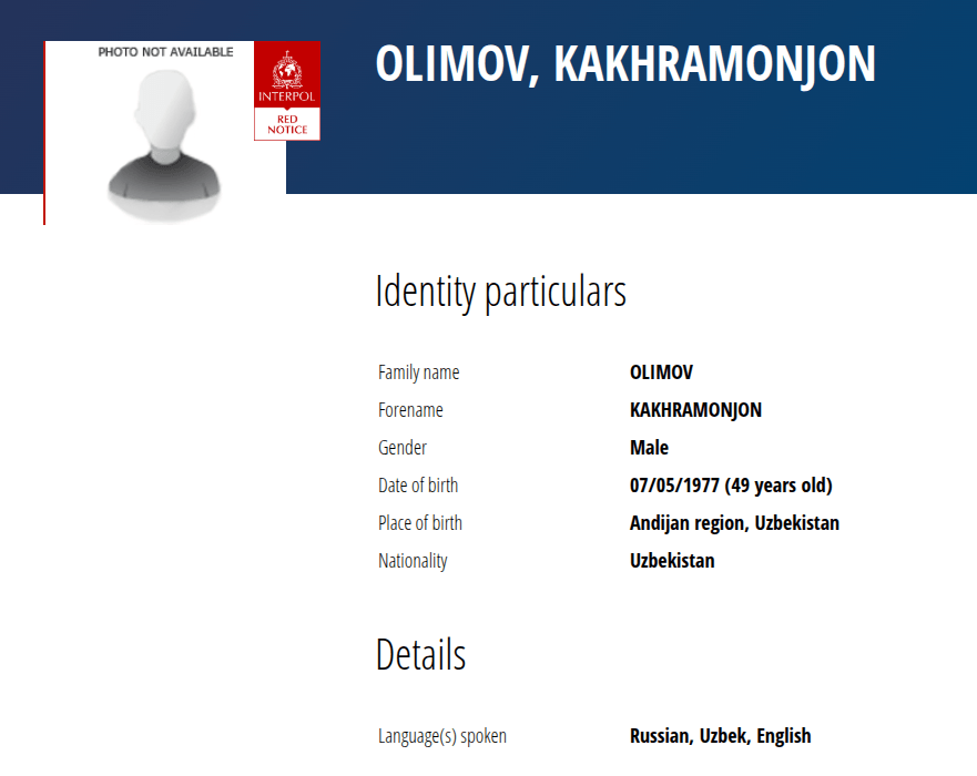 Карточка Кахрамонжона Олимова на сайте Интерпола