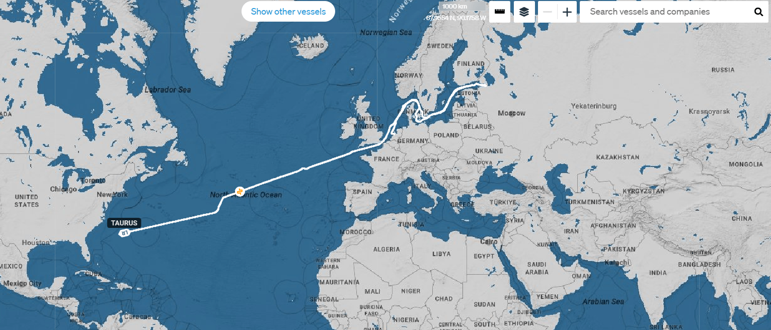 Маршрут Taurus и его текущее местоположение / Starboard Maritime Intelligence / The Insider