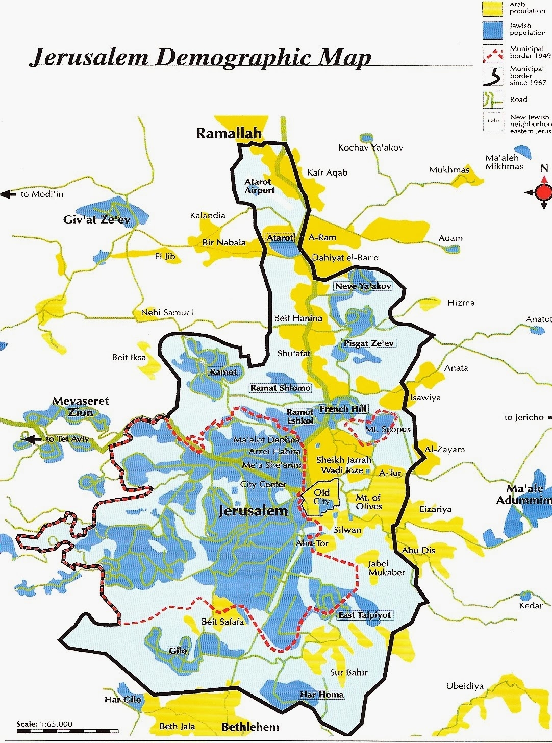 Карта Иерусалима. Синим цветом обозначены еврейские кварталы, желтым — арабские.