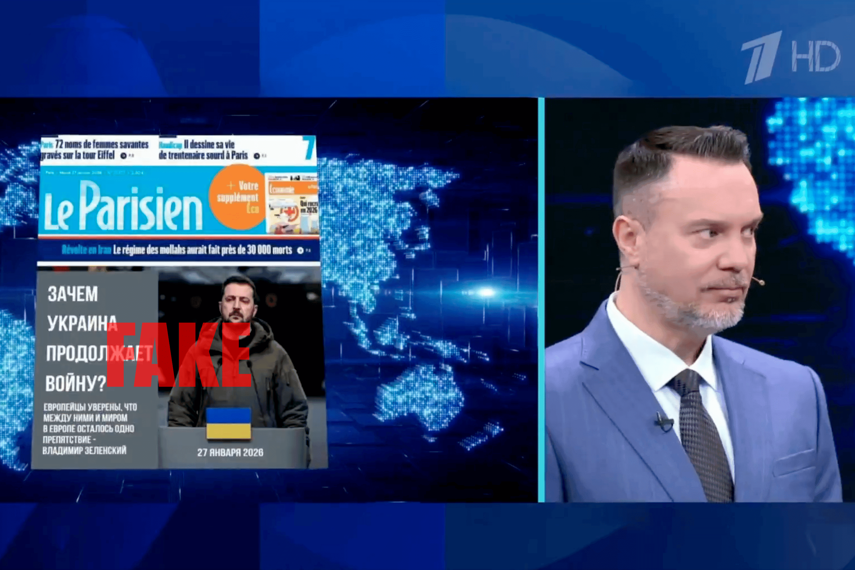 На Первом канале впервые показали фейковые обложки французских газет с критикой Зеленского, созданные бот-сетью «Матрёшка»