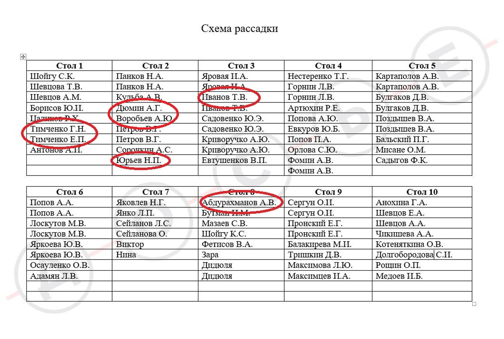 Рассадка гостей на юбилее замминистра обороны Татьяны Шевцовой