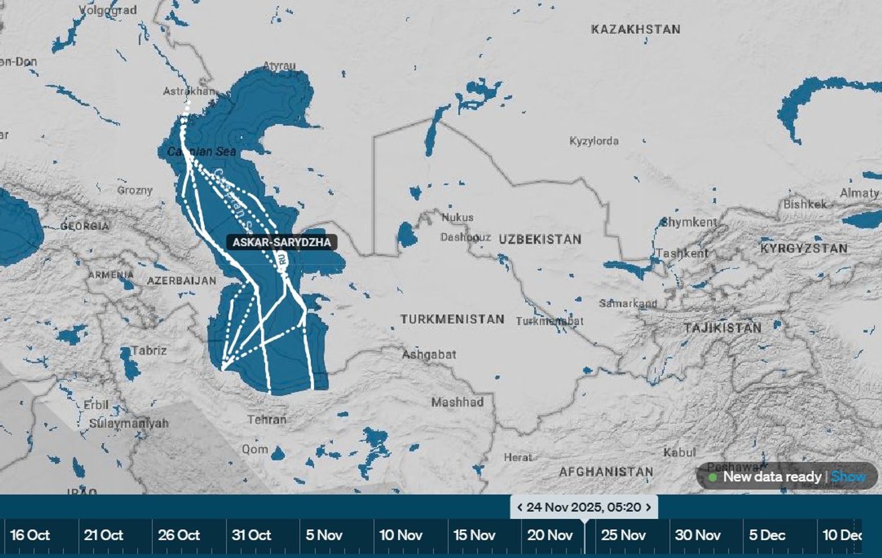 Routes of the cargo ship Askar-Sarydzha between Sept. 1 and Dec. 12, 2025. The marked point indicates the vessel’s last transmitted position in the Caspian Sea on November 24.