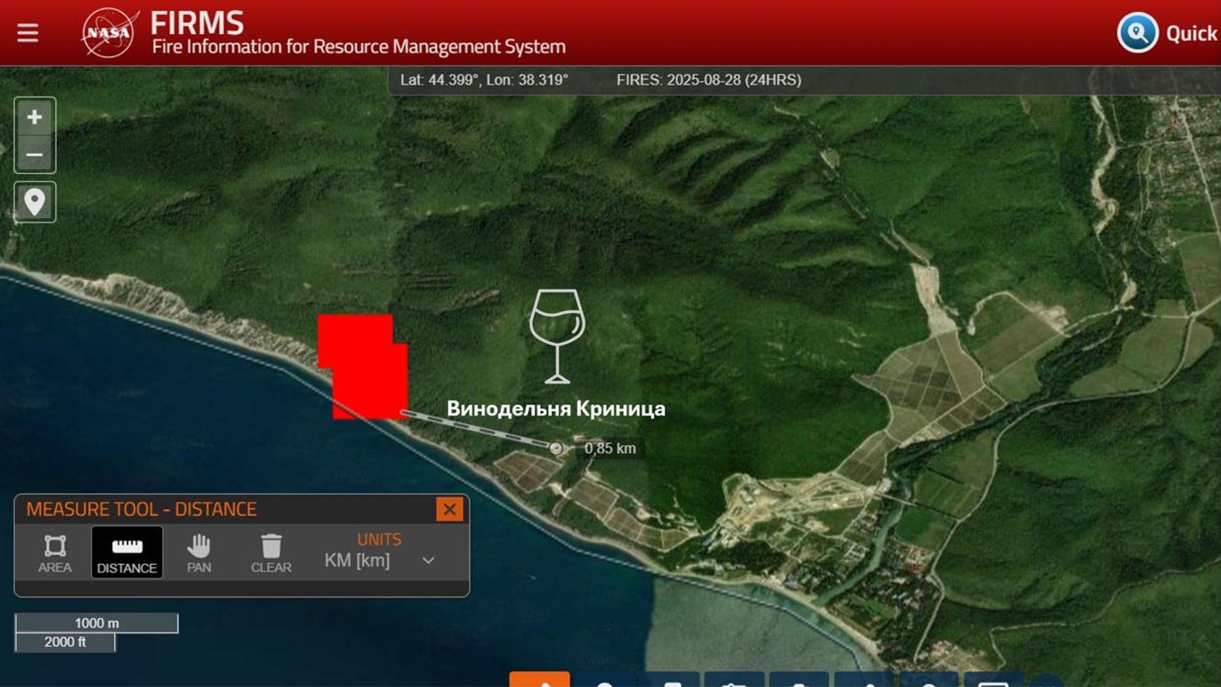NASA FIRMS screenshot indicating the distance from the fire to the Krinitsa Winery