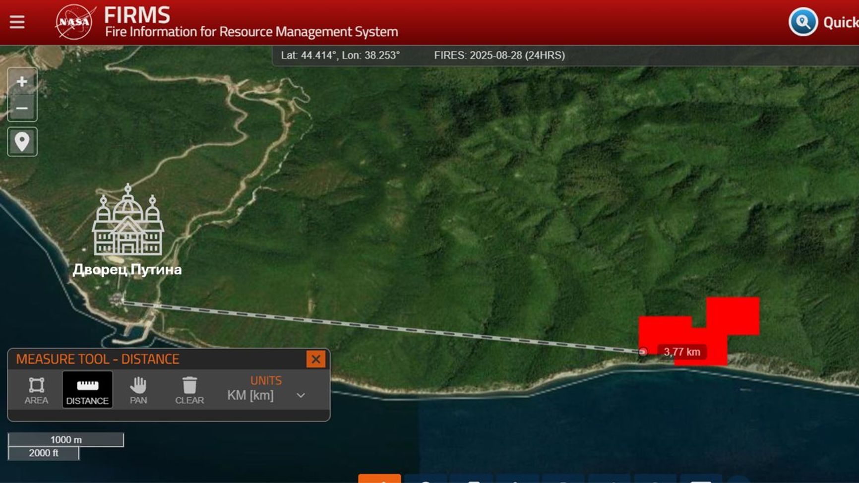 NASA FIRMS screenshot indicating the distance from the fire to “Putin's Palace”