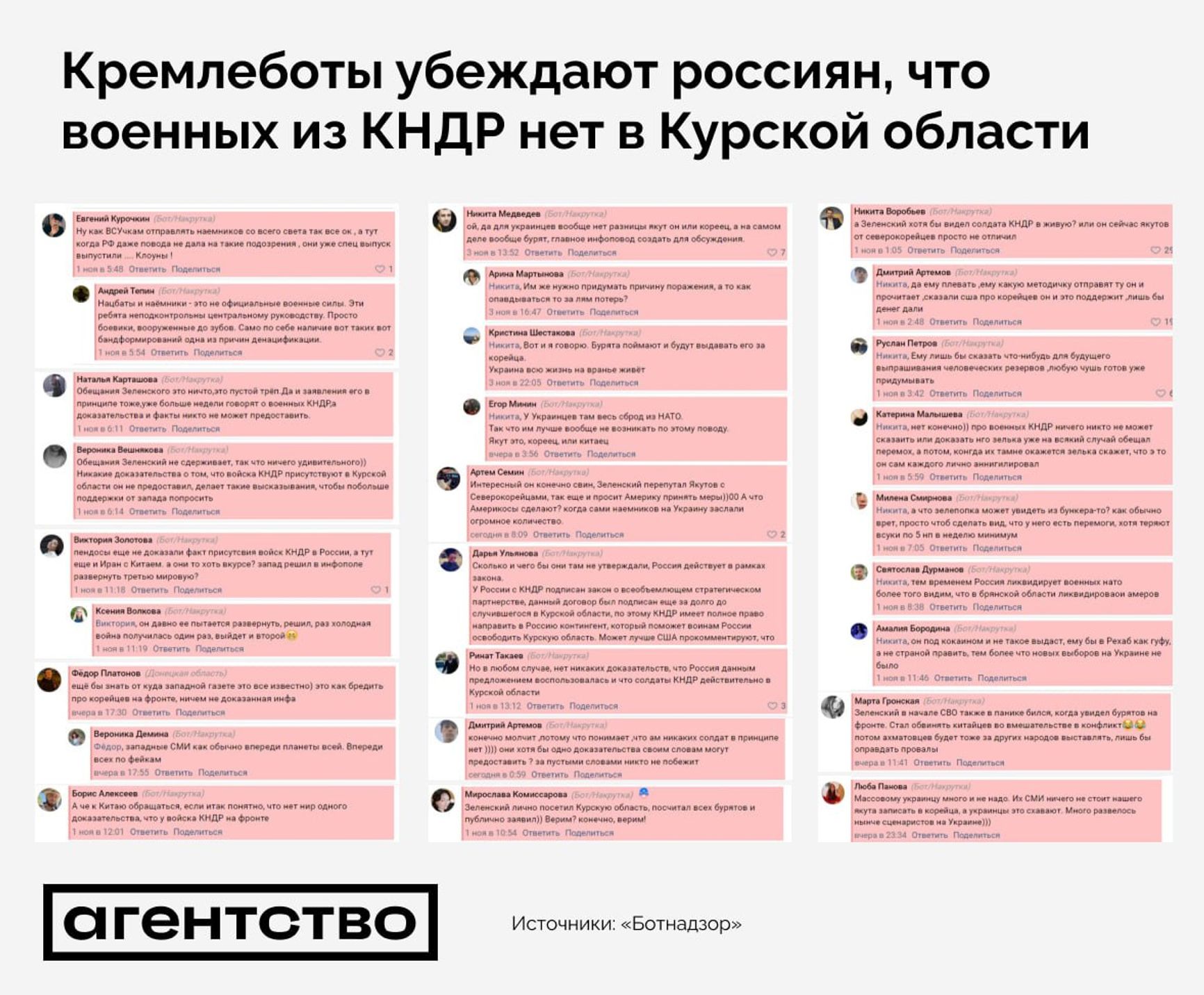 Собранные проектом «Ботнадзор» примеры комментариев ботов к сообщениям о прибывших в Россию северокорейских военных