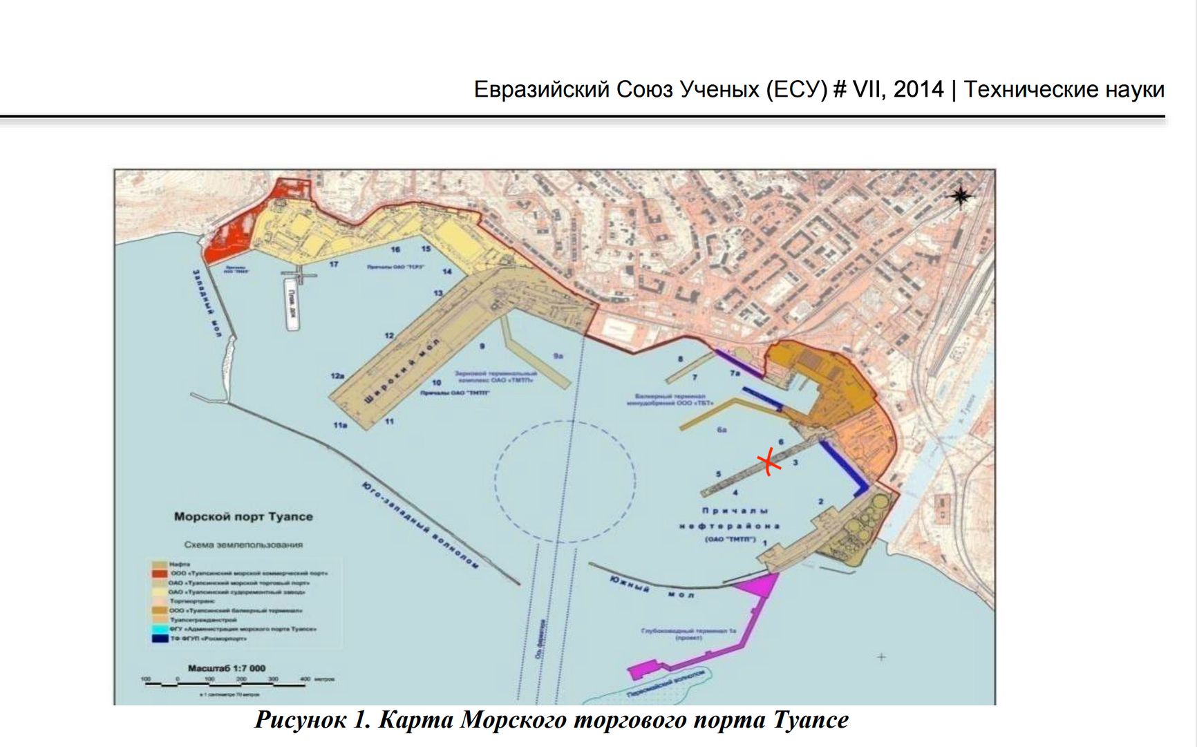 Схема порта Туапсе, карта из доклада Евразийского Союза Ученых (ЕСУ). Красным крестиком отмечено место удара