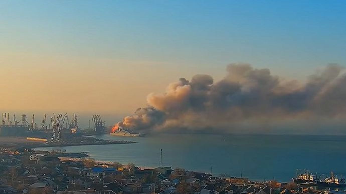 The Russian Alligator-class landing ship 'Saratov' ablaze after an explosion in the port of Berdiansk, March 24, 2022