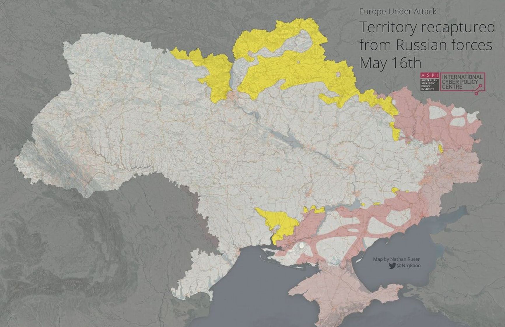 Желтое — территории, освобождённые ВСУ. Красное — территории, занятые ВС РФ и формированиями «ЛДНР». Розовое — оккупированные до 24.02.2022