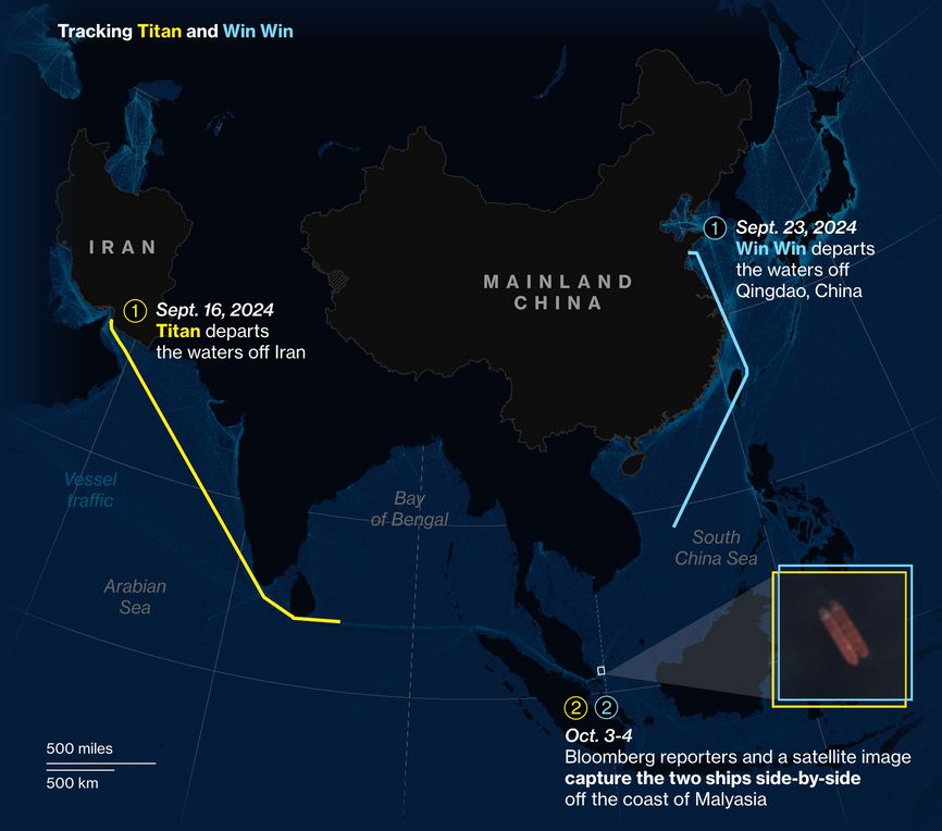 Маршруты судов Titan (вышло от берегов Ирана) и Win Win (от Китая), отслеженных Bloomberg и встретившихся для передачи нефти в Южно-Китайском море