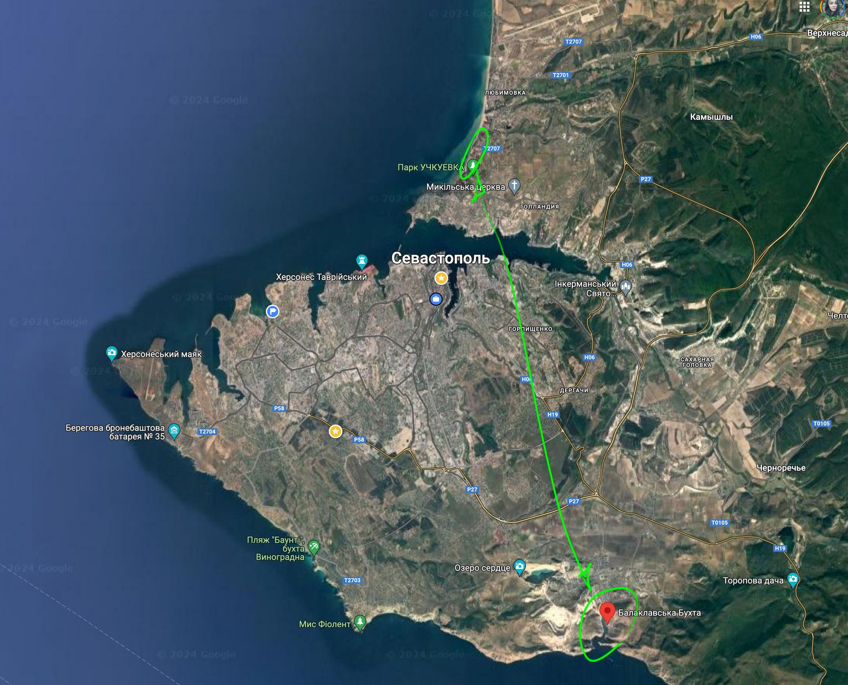 Обведено на севере — пляж в Любимовке, где был прилет. Обведено на юге — Балаклавская бухта, где не было ни прилетов, ни военных объектов. Зато есть строительство марины