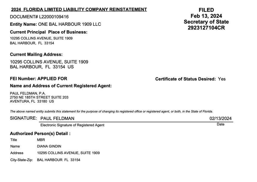 Diana Gindin’s ties to the U.S. company One Bal Harbour 1909 LLC