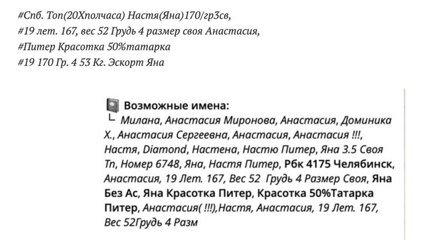 How Anastasia I. is saved in other people's contact lists: “Breast Size 4 Natural,” “Yana Beauty St. Petersburg.”