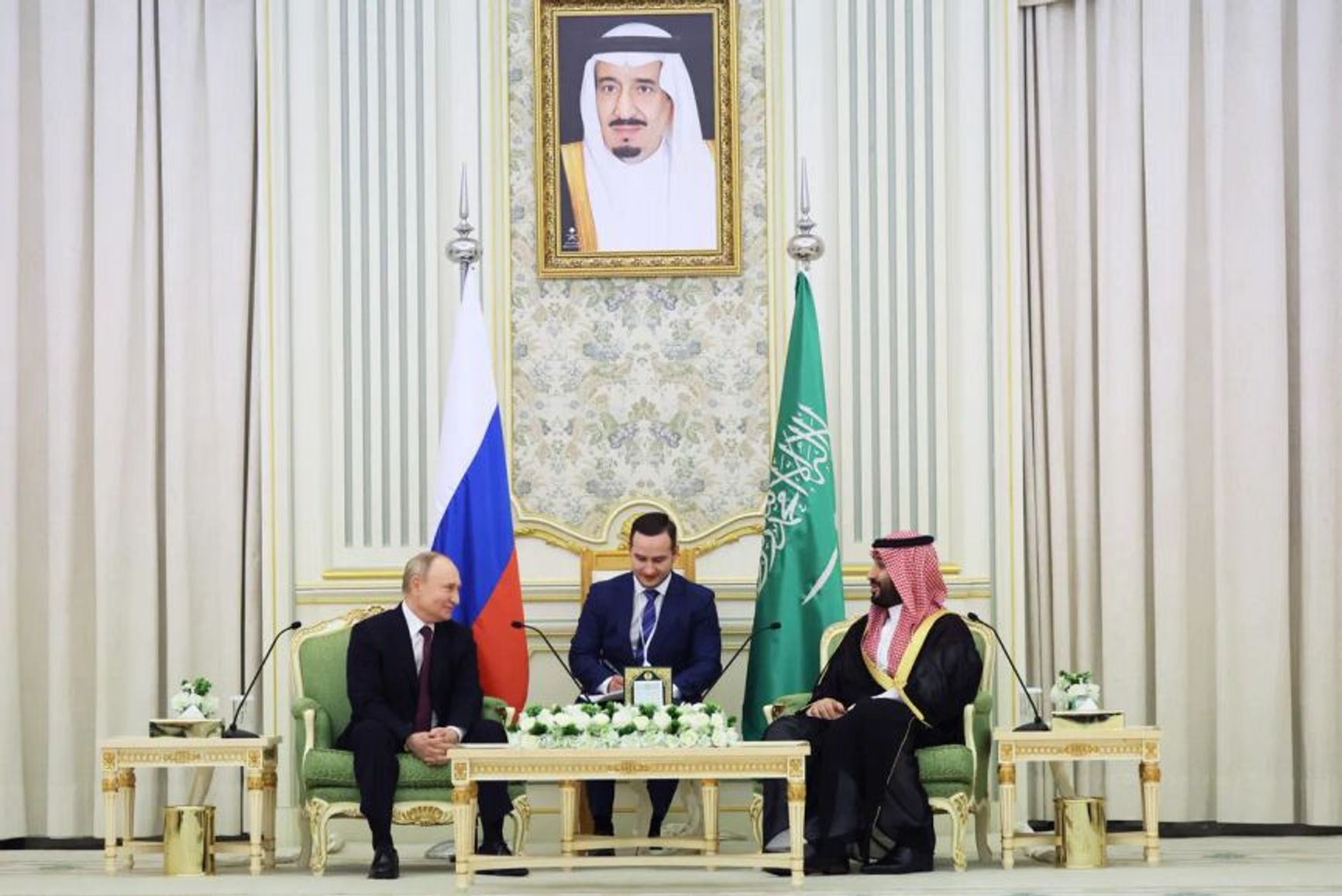 Russian President Vladimir Putin and Saudi Arabia's Crown Prince Mohammed bin Salman at a meeting in Riyadh, Saudi Arabia, on Dec. 6, 2023.