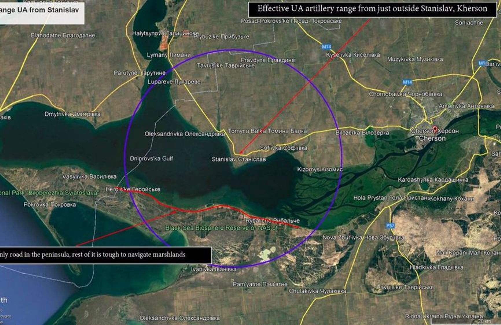 The only land road to the peninsula is in the artillery strike zone of the village of Stanislav, which is under the control of the AFU