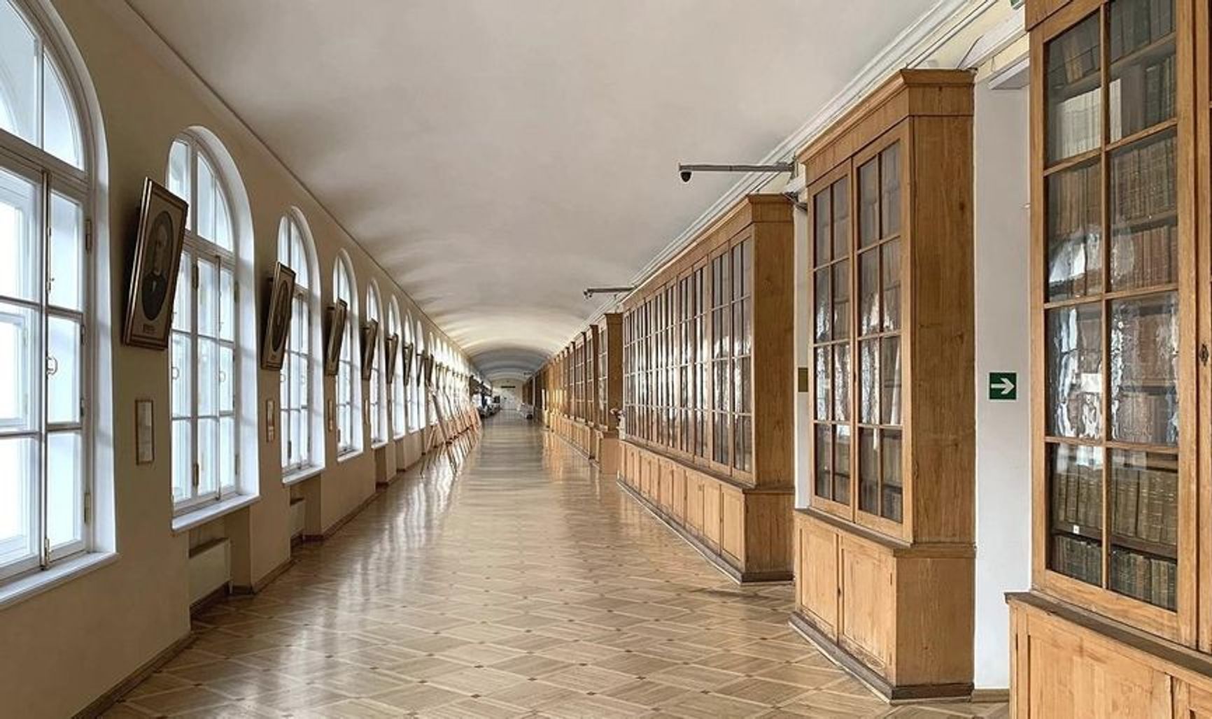 A hallway inside the Twelve Colleges building, a historic structure from Peter the Great's era that serves as the headquarters of SPbU.