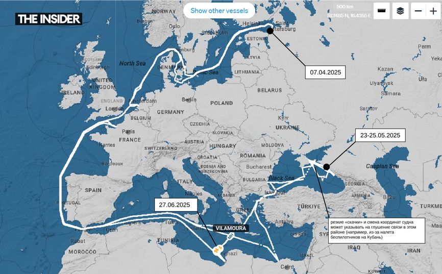 Маршрут танкера Vilamoura с начала апреля по конец июня 2025 / данные: Starboard dqxikeidqxidzkai