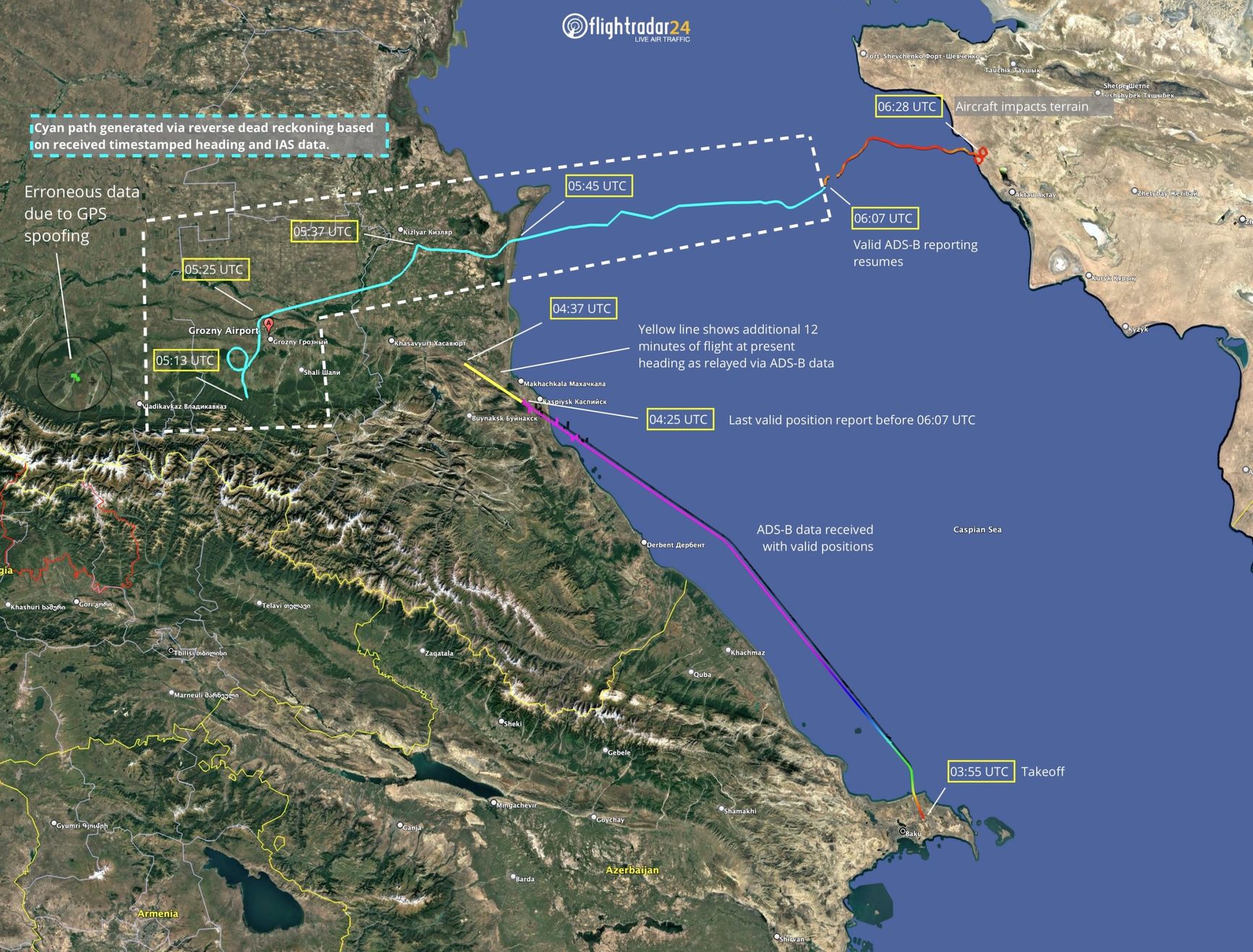 Восстановленный маршрут разбившегося рейса Azerbaijan Airlines 