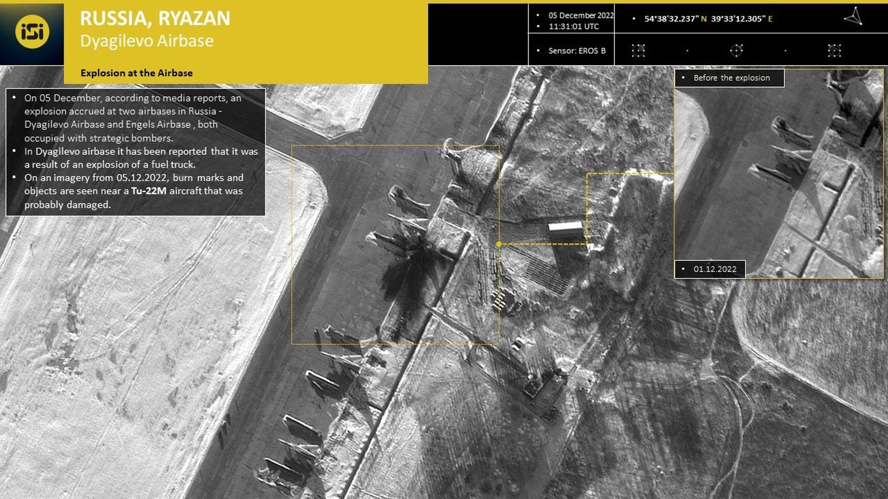 Tu-22M3 in the apron area at Dyagilevo before and after UAV strike Rob Lee