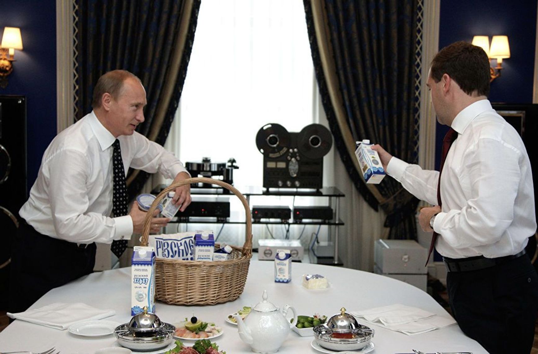 Then-president Dmitry Medvedev and Prime Minister Vladimir Putin inspecting a hamper of Russkoye Moloko’s products during a work meeting in 2010.