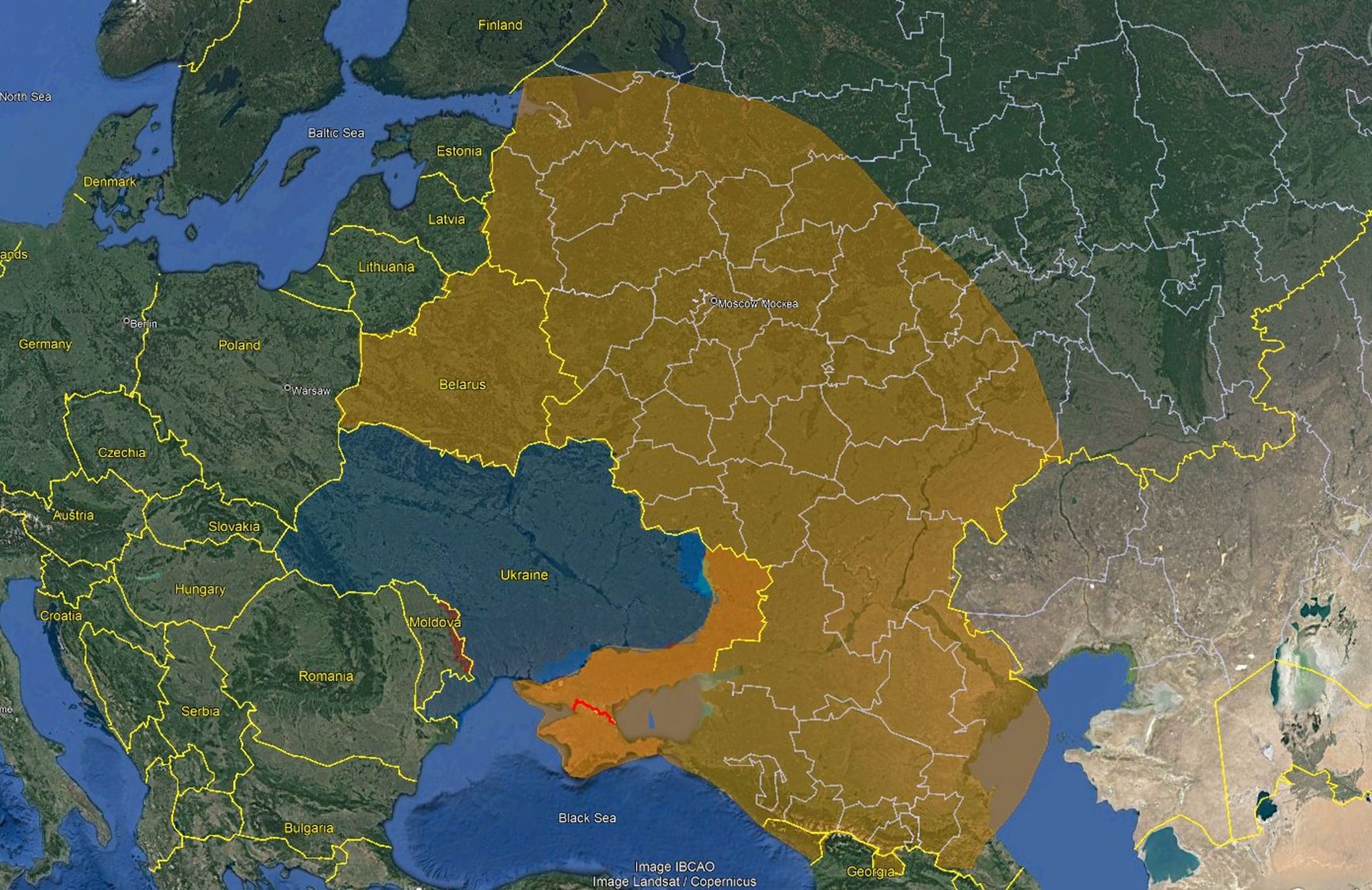 Area within the radius of 1000 km from Ukrainian-controlled territory @Tendar