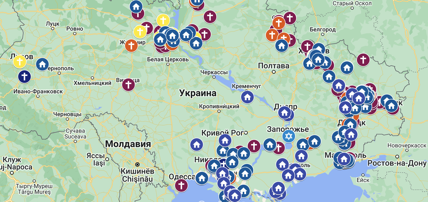 Карта разрушенных или уничтоженных религиозных сооружений Украины