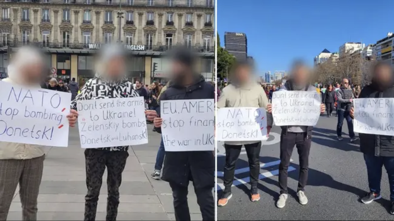 «Протестующие» с одинаковыми плакатами в Париже и Мадриде