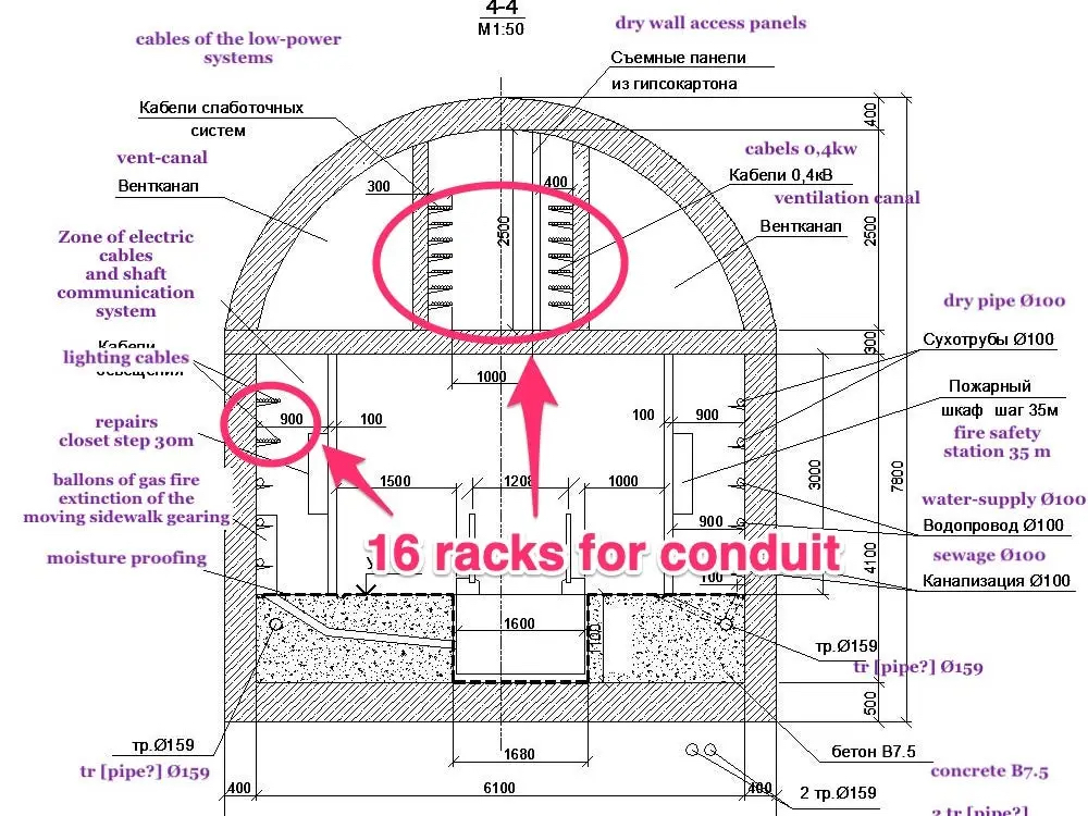 A cross-section showing the interior of the lower tunnel, which includes a moving walkway leading to the beach.