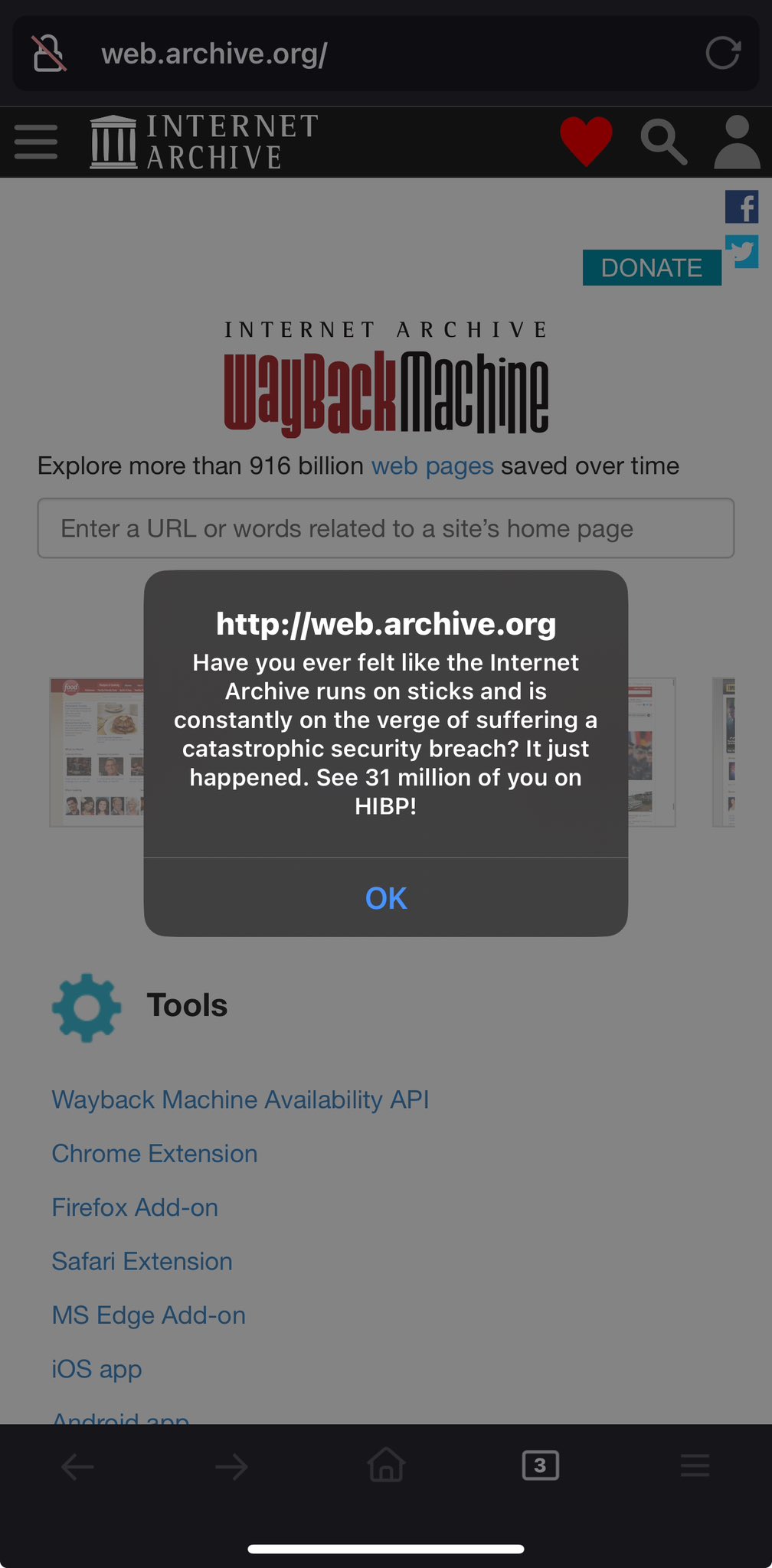 Сообщение, которое видели пользователи The Wayback Machine 9 и 10 октября