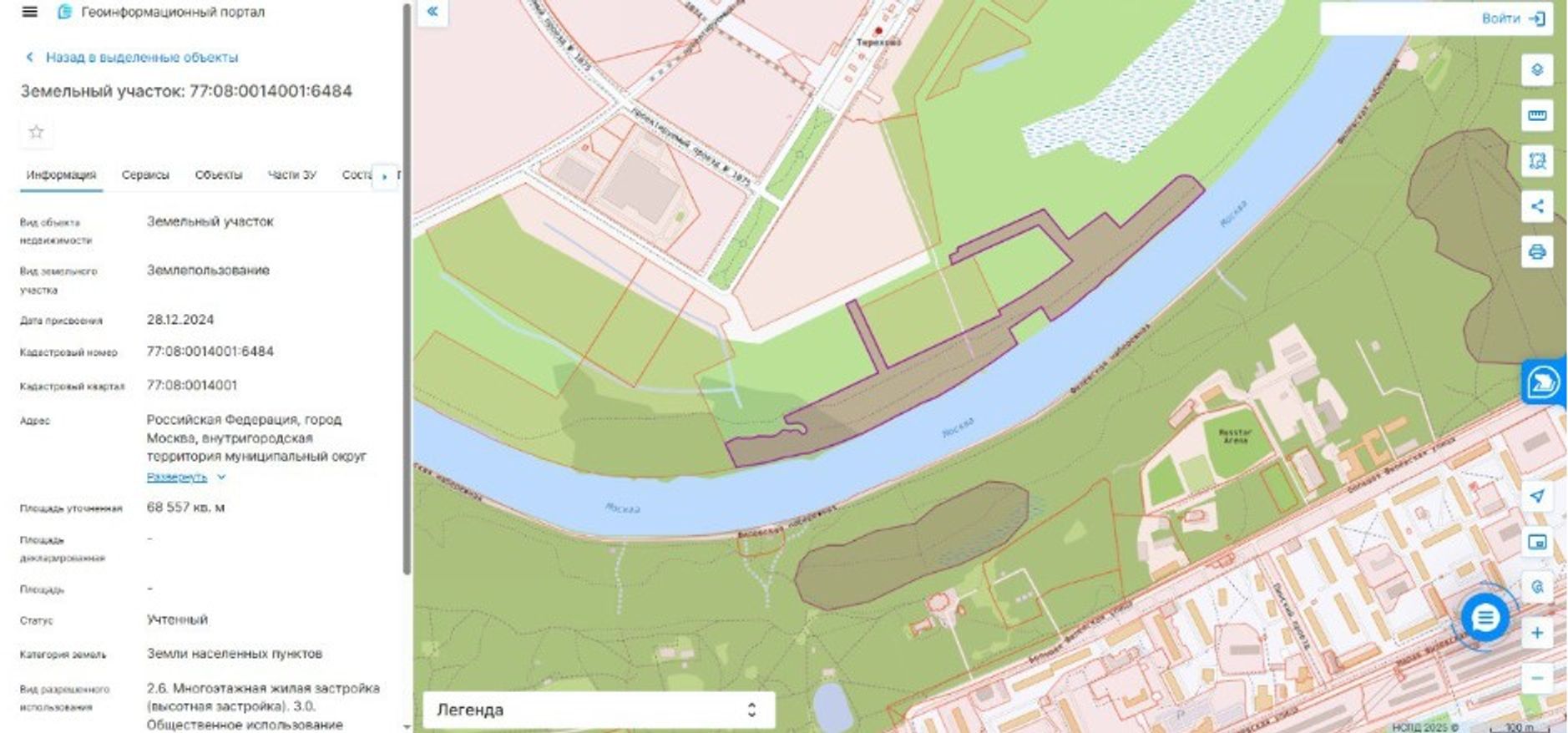 Mapped plots within the Mnevnikovskaya Floodplain protected area. Among the authorized uses is capital construction, including that of multi-story residential and commercial buildings