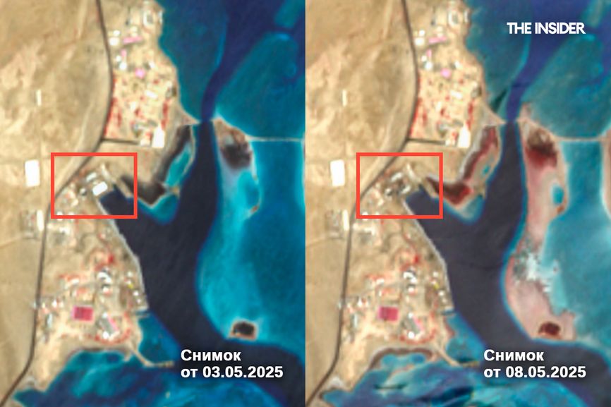 Satellite imagery from May 3, 2025 (left) and May 8, 2025 (right).