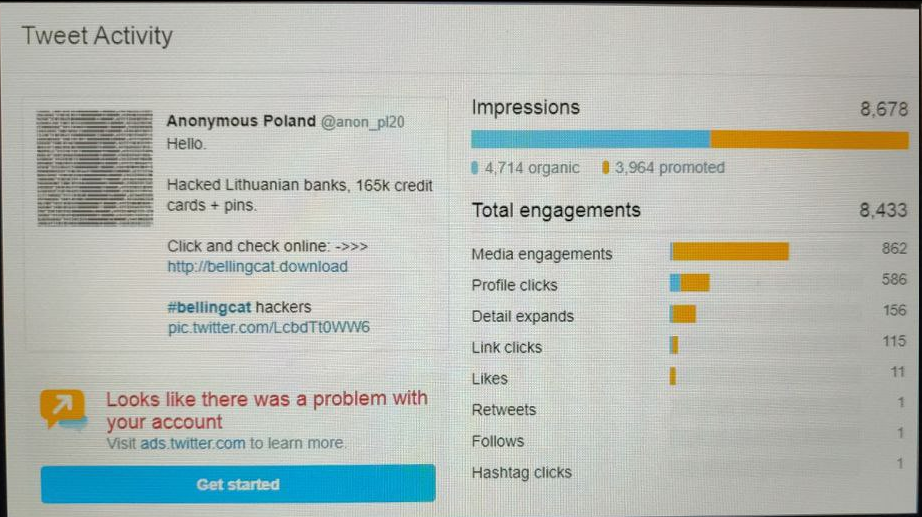 Screengrab of one of the false Anonymous Poland accounts dashboard showing the reach of the Bellingcat smear campaign. Found in the disused burner email used for reporting by Unit 29155