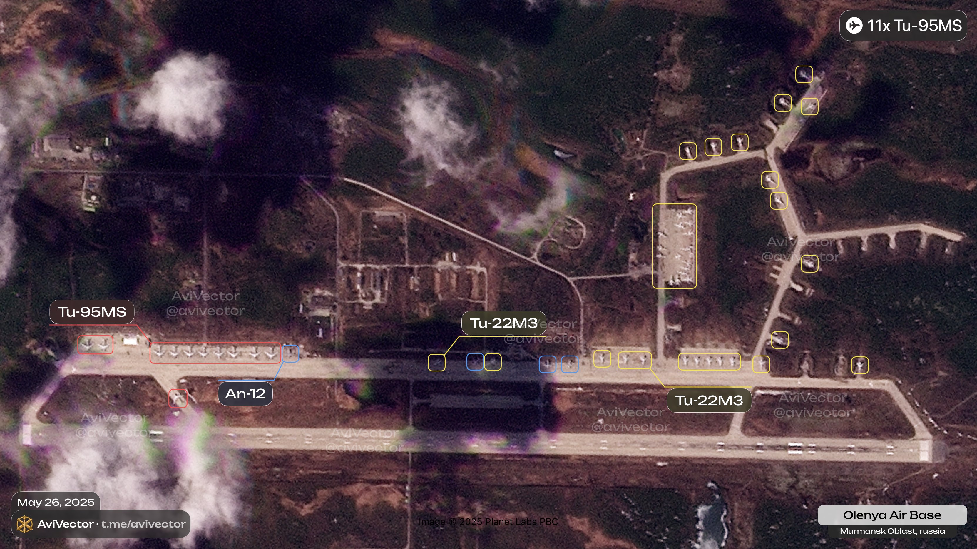 Спутниковый снимок аэродрома Оленья в Мурманской области от 26 мая 2025 года